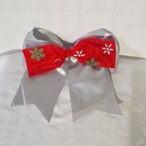 Christmas Winter Holiday Festive Red and Silver Bow With Attached Hair Elastic